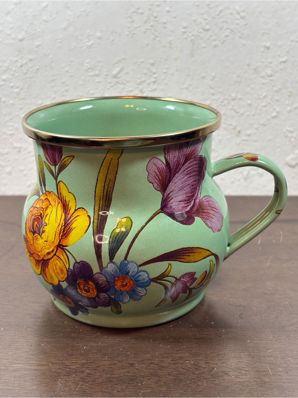 MacKenzie-Childs Mint Green Floral Gold-Rim Mug